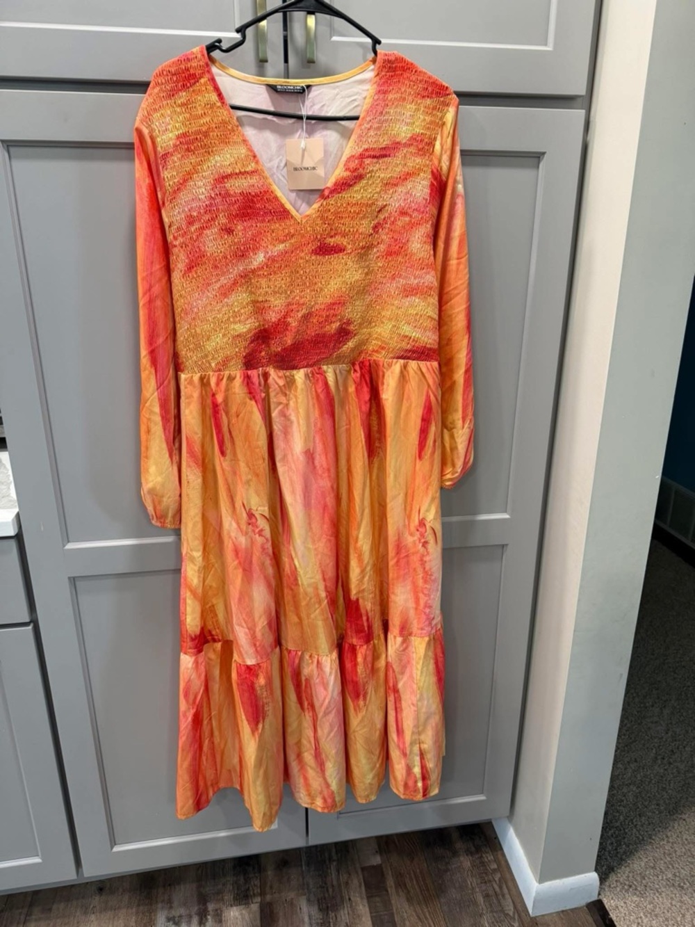V-Neck Orange & Coral Tiered Dress
